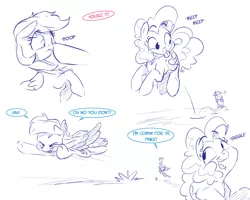 Size: 5000x4000 | Tagged: safe, artist:dilarus, banned from derpibooru, deleted from derpibooru, derpibooru import, pinkie pie, rainbow dash, earth pony, pegasus, pony, comic:know your enemy, :|, absurd resolution, boop, chase, comic, cute, diapinkes, duo, female, happy, laughing, mare, meep meep, monochrome, neo noir, partial color, pronking, raspberry, road runner, simple background, smiling, speech bubble, tag (game), tongue out, white background