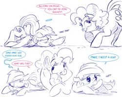 Size: 5000x4000 | Tagged: safe, artist:dilarus, banned from derpibooru, deleted from derpibooru, derpibooru import, pinkie pie, rainbow dash, earth pony, pegasus, pony, comic:know your enemy, absurd resolution, comic, cute, drool, duo, exhausted, female, floppy ears, happy, mare, monochrome, neo noir, panting, partial color, simple background, smiling, speech bubble, stretching, sweat, tag (game), tired, tongue out, trick, white background