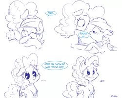Size: 5000x4000 | Tagged: safe, artist:dilarus, banned from derpibooru, deleted from derpibooru, derpibooru import, pinkie pie, rainbow dash, earth pony, pegasus, pony, comic:know your enemy, ..., absurd resolution, comic, duo, eyes closed, female, floppy ears, happy, mare, monochrome, neo noir, partial color, simple background, smiling, speech bubble, tag (game), trick, white background