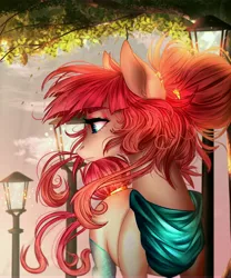 Size: 6992x8409 | Tagged: safe, artist:petrinox, banned from derpibooru, deleted from derpibooru, derpibooru import, oc, unofficial characters only, earth pony, pony, absurd resolution, bandana, clothes, colored pupils, female, frown, jewelry, lamppost, lidded eyes, looking away, looking back, mare, ring, socks, solo, tail, tail ring, wind, windswept mane