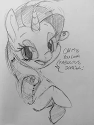 Size: 960x1280 | Tagged: safe, artist:dilarus, banned from derpibooru, deleted from derpibooru, derpibooru import, rarity, pony, unicorn, bust, darling, dialogue, fabulous, female, grayscale, mare, monochrome, open mouth, solo, traditional art