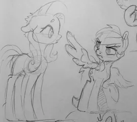 Size: 1280x1144 | Tagged: safe, artist:dilarus, banned from derpibooru, deleted from derpibooru, derpibooru import, fluttershy, rainbow dash, pegasus, pony, female, grayscale, mare, monochrome, sketch, spread wings, traditional art, wings