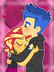 Size: 5400x7200 | Tagged: safe, artist:paulysentry, banned from derpibooru, deleted from derpibooru, derpibooru import, flash sentry, sunset shimmer, human, equestria girls, equestria girls series, abstract background, absurd resolution, cute, diasentres, female, flashimmer, heart, hug, male, shimmerbetes, shipping, signature, snuggling, straight
