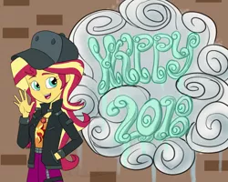 Size: 1024x820 | Tagged: safe, artist:verumteednp, banned from derpibooru, deleted from derpibooru, derpibooru import, sunset shimmer, display of affection, equestria girls, equestria girls series, 2018, clothes, flanksy, graffiti, happy new year 2018, hat, holiday, jacket, shirt, smiling, solo