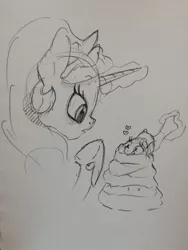 Size: 2448x3264 | Tagged: safe, artist:dilarus, banned from derpibooru, deleted from derpibooru, derpibooru import, princess celestia, twilight sparkle, alicorn, pony, unicorn, the tiny apprentice, blanket burrito, clothes, duo, female, filly, filly twilight sparkle, gift wrapped, heart, magic, mare, monochrome, scarf, telekinesis, that pony sure does love celestia, traditional art, younger