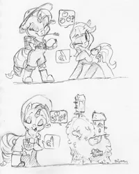 Size: 1855x2324 | Tagged: safe, artist:dilarus, banned from derpibooru, deleted from derpibooru, derpibooru import, rainbow dash, rarity, pegasus, pony, unicorn, bird house, boots, bush, clothes, comic, dialogue, duo, environmental suit, eyes closed, female, grayscale, hat, implied flutterdash, implied lesbian, implied rarijack, implied shipping, mare, monochrome, raised hoof, shoes, speech bubble, straw in mouth, this can only end well, traditional art