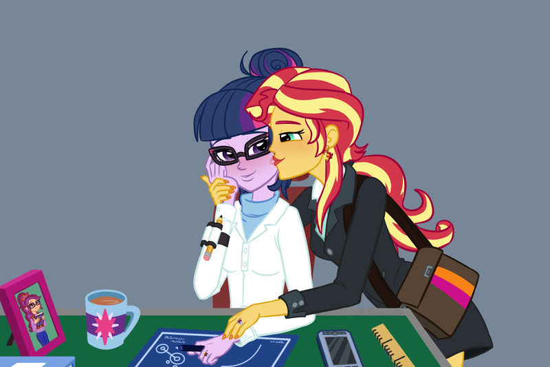 Size: 2160x1440 | Tagged: safe, artist:verumteednp, banned from derpibooru, deleted from derpibooru, derpibooru import, sci-twi, sunset shimmer, twilight sparkle, oc, oc:dawn afterglow, equestria girls, female, gray background, kissing, lesbian, lipstick, magical lesbian spawn, offspring, older, parent:sci-twi, parent:sunset shimmer, parents:scitwishimmer, photo, picture, scitwishimmer, shipping, simple background, sunsetsparkle