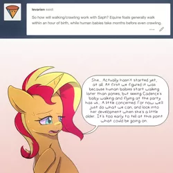 Size: 1300x1300 | Tagged: safe, artist:little-tweenframes, banned from derpibooru, deleted from derpibooru, derpibooru import, sunset shimmer, series:sciset diary, adult fear, answer, female, implied magical lesbian spawn, implied sparkling sapphire, mother, question, worried