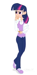 Size: 2008x4096 | Tagged: safe, artist:verumteednp, banned from derpibooru, deleted from derpibooru, derpibooru import, twilight sparkle, human, absurd resolution, clothes, humanized, pants, shirt, shoes, simple background, solo, transparent background