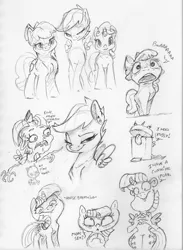 Size: 2375x3242 | Tagged: suggestive, artist:dilarus, banned from derpibooru, deleted from derpibooru, derpibooru import, apple bloom, scootaloo, sweetie belle, twilight sparkle, twilight sparkle (alicorn), alicorn, pony, comic:the many faces of twilight sparkle, creepy, cutie mark crusaders, descriptive noise, female, horse noises, mare, monochrome, older, simple background, sketch, smiling, smug, smugaloo, traditional art