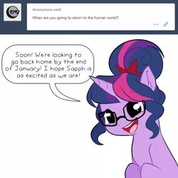 Size: 1300x1300 | Tagged: safe, artist:little-tweenframes, banned from derpibooru, deleted from derpibooru, derpibooru import, sci-twi, twilight sparkle, series:sciset diary, ask, glasses, implied magical lesbian spawn, implied sparkling sapphire, tumblr