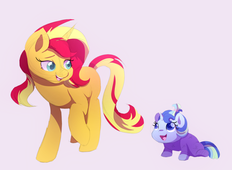 Size: 1300x954 | Tagged: safe, artist:little-tweenframes, banned from derpibooru, deleted from derpibooru, derpibooru import, sunset shimmer, oc, oc:sparkling sapphire, pony, unicorn, baby, baby pony, duo, female, filly, magical lesbian spawn, mare, mother and child, mother and daughter, offspring, parent:sci-twi, parent:sunset shimmer, parents:scitwishimmer, pink background, simple background, smiling