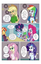 Size: 2650x4096 | Tagged: safe, artist:verumteednp, banned from derpibooru, deleted from derpibooru, derpibooru import, applejack, fluttershy, pinkie pie, rainbow dash, rarity, sci-twi, spike, spike the regular dog, sunset shimmer, twilight sparkle, dog, comic:sparkling shimmer, equestria girls, clothes, comic, cutie mark, cutie mark on clothes, dialogue, geode of fauna, geode of shielding, geode of sugar bombs, geode of super speed, geode of super strength, humane five, humane seven, humane six, magical geodes, speech bubble