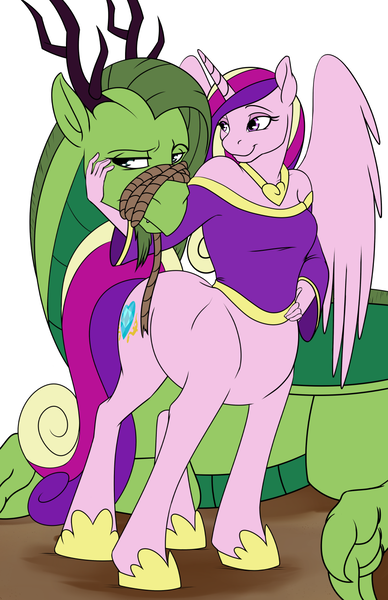 Size: 906x1400 | Tagged: safe, artist:acesential, banned from derpibooru, deleted from derpibooru, derpibooru import, princess cadance, oc, oc:rye, anthro, centaur, dragon, taur, anthro centaur, clothes, dragon loses, female, pegataur, ponytaur, rope, simple background, white background