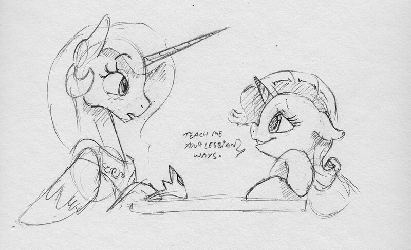 Size: 2116x1285 | Tagged: safe, artist:dilarus, banned from derpibooru, deleted from derpibooru, derpibooru import, princess celestia, rarity, alicorn, pony, unicorn, royal sketchbook, bedroom eyes, dialogue, duo, female, floppy ears, lesbian, looking at each other, mare, monochrome, pencil drawing, rarilestia, shipping, simple background, sketch, smiling, traditional art, white background