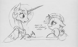 Size: 2116x1285 | Tagged: safe, artist:dilarus, banned from derpibooru, deleted from derpibooru, derpibooru import, princess celestia, rarity, alicorn, pony, unicorn, royal sketchbook, bedroom eyes, dialogue, duo, female, floppy ears, lesbian, looking at each other, mare, monochrome, pencil drawing, rarilestia, shipping, simple background, sketch, smiling, traditional art, white background