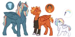 Size: 1600x796 | Tagged: safe, artist:lopoddity, banned from derpibooru, deleted from derpibooru, derpibooru import, oc, oc:aerostorm, oc:cloudburst, oc:phoenix forge, unofficial characters only, pegasus, pony, pandoraverse, apron, brother and sisters, clothes, next generation, offspring, parent:dumbbell, parent:rainbow dash, parents:dumbdash, siblings, simple background, trio, white background