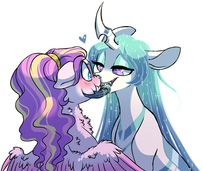 Size: 949x800 | Tagged: semi-grimdark, suggestive, artist:lopoddity, banned from derpibooru, deleted from derpibooru, derpibooru import, princess skyla, oc, oc:princess iridescence, changepony, hybrid, pony, pandoraverse, adoracreepy, chest fluff, creepy, cute, drool, female, heart, kissing, lesbian, magical lesbian spawn, mandibles, next generation, offspring, parent:princess cadance, parent:princess celestia, parent:queen chrysalis, parent:shining armor, parents:chryslestia, parents:shiningcadance, scaroused, scrunchy face, simple background, white background