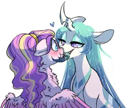 Size: 949x800 | Tagged: semi-grimdark, suggestive, artist:lopoddity, banned from derpibooru, deleted from derpibooru, derpibooru import, princess skyla, oc, oc:princess iridescence, changepony, hybrid, pony, pandoraverse, adoracreepy, chest fluff, creepy, cute, drool, female, heart, kissing, lesbian, magical lesbian spawn, mandibles, next generation, offspring, parent:princess cadance, parent:princess celestia, parent:queen chrysalis, parents:chryslestia, parent:shining armor, parents:shiningcadance, scaroused, scrunchy face, simple background, white background