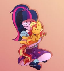 Size: 1874x2101 | Tagged: safe, artist:little-tweenframes, banned from derpibooru, deleted from derpibooru, derpibooru import, sci-twi, sunset shimmer, twilight sparkle, pony, series:sciset diary, equestria girls, cuddling, cute, daaaaaaaaaaaw, eyes closed, female, glasses, holding a pony, lesbian, scitwishimmer, shimmerbetes, shipping, sitting, smiling, snuggling, sunsetsparkle, twiabetes