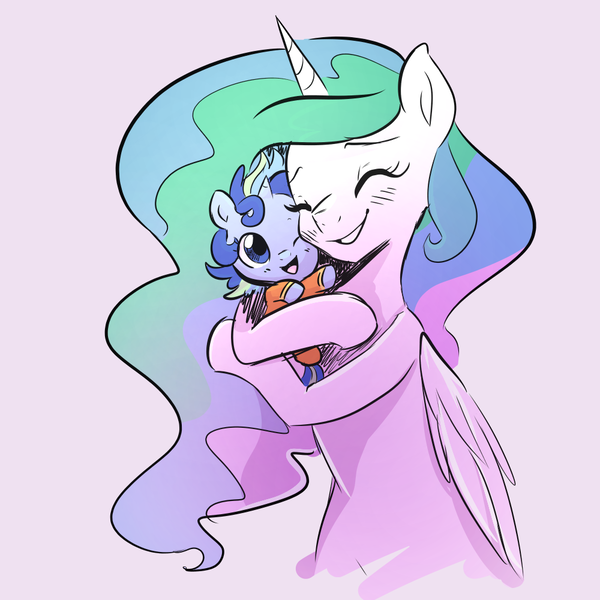 Size: 1000x1000 | Tagged: safe, artist:little-tweenframes, banned from derpibooru, deleted from derpibooru, derpibooru import, princess celestia, oc, oc:sparkling sapphire, alicorn, pony, baby, baby pony, cute, cutelestia, eyes closed, hug, magical lesbian spawn, momlestia, ocbetes, offspring, parent:sci-twi, parent:sunset shimmer, parents:scitwishimmer, smiling