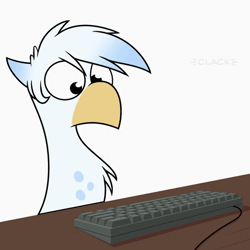 Size: 512x512 | Tagged: safe, artist:acesential, banned from derpibooru, deleted from derpibooru, derpibooru import, oc, oc:ganix, unofficial characters only, gryphon, animated, behaving like a bird, birb, birdposting, birds doing bird things, blinking, cute, desk, eyes closed, frame by frame, gif, griffon oc, griffons doing bird things, keyboard, loop, male, ocbetes, onomatopoeia, pecking, shitposting, simple background, solo, text, typing, white background