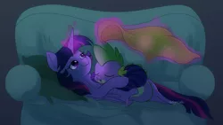 Size: 3000x1688 | Tagged: safe, artist:little-tweenframes, banned from derpibooru, deleted from derpibooru, derpibooru import, spike, twilight sparkle, twilight sparkle (alicorn), alicorn, dragon, pony, baby, baby dragon, blanket, clothes, couch, cute, female, footed sleeper, glowing horn, horn, levitation, magic, male, mama twilight, mare, pajamas, pillow, signature, sleeping, smiling, spikabetes, spikelove, telekinesis