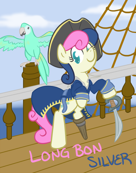 Size: 600x759 | Tagged: safe, artist:atlur, banned from derpibooru, deleted from derpibooru, derpibooru import, bon bon, sweetie drops, bird, parrot, amputee, bonafied, bonpun, clothes, cloud, costume, long john silver, looking at you, peg leg, pirate, prosthetic leg, prosthetic limb, prosthetics, pun, rearing, sky, smiling, spread wings, sword, treasure island, tumblr, weapon, wings