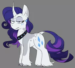 Size: 1953x1748 | Tagged: safe, artist:taaffeiite, banned from derpibooru, deleted from derpibooru, derpibooru import, rarity, pony, unicorn, leak, spoiler:g5, alternate color palette, alternate hair color, alternate universe, beauty mark, cloven hooves, coat markings, curved horn, dappled, dock, ear piercing, earring, g5, gray background, horn, jewelry, lidded eyes, necklace, piercing, rarity (g5), simple background, solo, spoiler, unamused, unshorn fetlocks