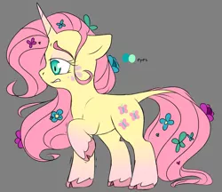 Size: 1815x1568 | Tagged: safe, artist:taaffeiite, banned from derpibooru, deleted from derpibooru, derpibooru import, fluttershy, pony, unicorn, leak, spoiler:g5, alternate universe, cloven hooves, colored hooves, dock, eyebrows, flower, flower in hair, flower in tail, fluttershy (g5), g5, gray background, race swap, simple background, solo, spoiler, trembling, unicorn fluttershy, unsure