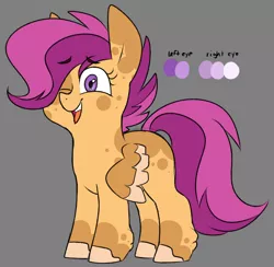 Size: 1068x1042 | Tagged: safe, artist:taaffeiite, banned from derpibooru, deleted from derpibooru, derpibooru import, scootaloo, pegasus, pony, leak, spoiler:g5, alternate hair color, blank flank, blind scootaloo, coat markings, dappled, disability headcanon, disabled, eyebrows, fetal alcohol syndrome, g5, gray background, headcanon, mixed race, one eye closed, physical disability, scootaloo (g5), simple background, smiling, solo, spoiler