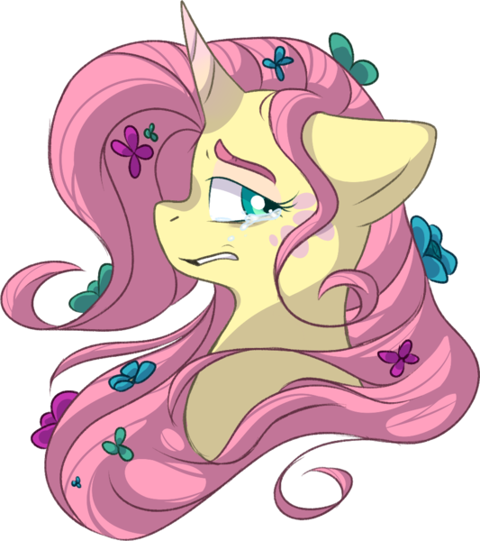 Size: 973x1096 | Tagged: safe, artist:taaffeiite, banned from derpibooru, deleted from derpibooru, derpibooru import, fluttershy, pony, unicorn, leak, spoiler:g5, alternate universe, bust, colored horn, crying, eyebrows, flower, flower in hair, fluttershy (g5), g5, horn, portrait, simple background, solo, spoiler, transparent background, unicorn fluttershy