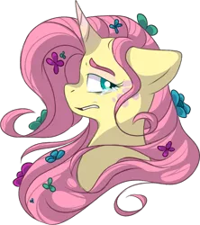 Size: 973x1096 | Tagged: safe, artist:taaffeiite, banned from derpibooru, deleted from derpibooru, derpibooru import, fluttershy, pony, unicorn, leak, spoiler:g5, alternate universe, bust, colored horn, crying, eyebrows, flower, flower in hair, fluttershy (g5), g5, horn, portrait, simple background, solo, spoiler, transparent background, unicorn fluttershy