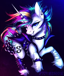 Size: 8480x10080 | Tagged: dead source, safe, artist:petrinox, banned from derpibooru, deleted from derpibooru, derpibooru import, rarity, pony, unicorn, it isn't the mane thing about you, absurd resolution, alternate hairstyle, bracelet, chains, clothes, ear piercing, female, horn, horn ring, leather, long horn, mare, mohawk, piercing, pointy horn, punk, raripunk, ring, solo, spiked wristband, unshorn fetlocks, wristband