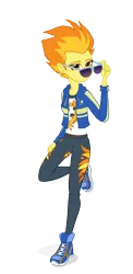 Size: 2000x4096 | Tagged: safe, artist:verumteednp, banned from derpibooru, deleted from derpibooru, derpibooru import, spitfire, equestria girls, absurd resolution, clothes, equestria girls-ified, pants, shoes, simple background, sneakers, solo, sunglasses, transparent background