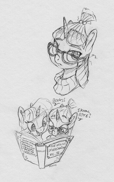 Size: 1714x2721 | Tagged: suggestive, artist:dilarus, banned from derpibooru, deleted from derpibooru, derpibooru import, moondancer, twilight sparkle, pony, unicorn, book, dialogue, duo, female, glasses, implied lesbian, implied shipping, implied twidancer, mare, monochrome, pencil drawing, reading, simple background, sketch, that pony sure does love books, traditional art, white background