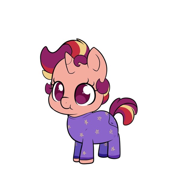 Size: 1280x1280 | Tagged: safe, artist:little-tweenframes, banned from derpibooru, deleted from derpibooru, derpibooru import, oc, oc:sparkling sapphire, unofficial characters only, pony, unicorn, series:sciset diary, :t, alternate color palette, clothes, cute, female, foal, footed sleeper, magical lesbian spawn, ocbetes, offspring, pajamas, parent:sci-twi, parent:sunset shimmer, parents:scitwishimmer, simple background, smiling, solo, white background