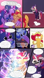 Size: 1080x1920 | Tagged: safe, artist:little-tweenframes, banned from derpibooru, deleted from derpibooru, derpibooru import, moondancer, sci-twi, sunset shimmer, twilight sparkle, twilight sparkle (alicorn), oc, oc:sparkling sapphire, alicorn, pony, unicorn, comic:portal sweet portal, series:sciset diary, ..., clothes, comic, cute, dialogue, eyes closed, female, hug, lesbian, magic mirror, magical lesbian spawn, ocbetes, offspring, parent:sci-twi, parent:sunset shimmer, parents:scitwishimmer, portal, scitwishimmer, shimmerbetes, shipping, sunsetsparkle