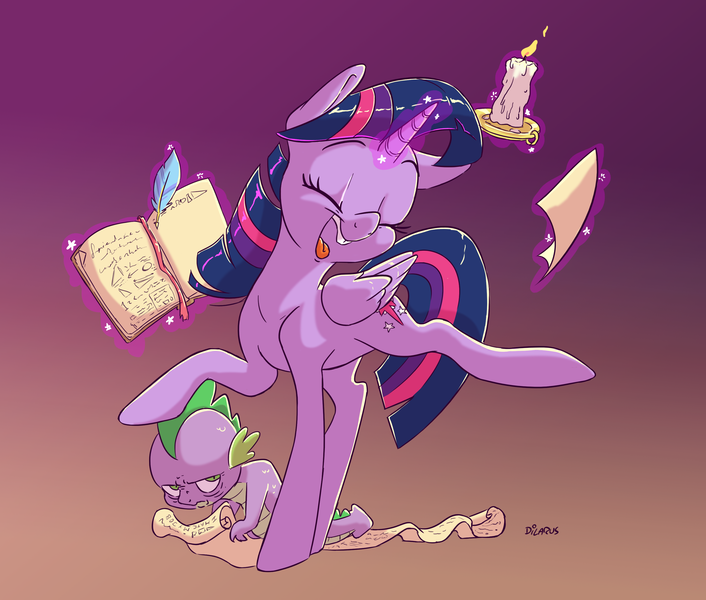 Size: 3030x2574 | Tagged: safe, artist:dilarus, banned from derpibooru, deleted from derpibooru, derpibooru import, spike, twilight sparkle, twilight sparkle (alicorn), alicorn, dragon, pony, adorkable, annoyed, book, cute, dancing, do the sparkle, dork, duo, female, glowing horn, gradient background, horn, magic, male, mare, scroll, telekinesis, twiabetes