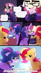 Size: 1080x1920 | Tagged: safe, artist:little-tweenframes, banned from derpibooru, deleted from derpibooru, derpibooru import, moondancer, sci-twi, sunset shimmer, twilight sparkle, oc, oc:sparkling sapphire, ponified, pony, unicorn, comic:portal sweet portal, series:sciset diary, baby, baby pony, clothes, comic, crying, equestria girls ponified, feels, female, lesbian, magic mirror, magical lesbian spawn, offspring, parent:sci-twi, parent:sunset shimmer, parents:scitwishimmer, sad smile, scitwishimmer, shipping, sunsetsparkle, tears of joy