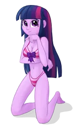 Size: 1205x2048 | Tagged: suggestive, artist:verumteednp, banned from derpibooru, deleted from derpibooru, derpibooru import, twilight sparkle, equestria girls, barefoot, belly button, bikini, breasts, clothes, feet, female, kneeling, midriff, simple background, smiling, solo, solo female, striped swimsuit, swimsuit, transparent background