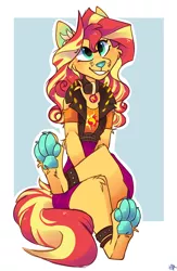 Size: 1500x2300 | Tagged: safe, artist:hiccupsdoesart, banned from derpibooru, deleted from derpibooru, derpibooru import, sunset shimmer, anthro, digitigrade anthro, dog, equestria girls, equestria girls series, collar, cute, cutie mark collar, dogified, female, furry, looking at you, paw pads, paws, simple background, sitting, solo, species swap, toe beans, underpaw