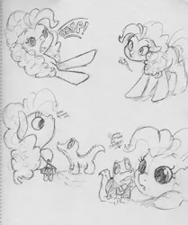 Size: 2483x2967 | Tagged: safe, artist:dilarus, banned from derpibooru, deleted from derpibooru, derpibooru import, gummy, pinkie pie, alligator, earth pony, pony, clothes, dapper, dialogue, duo, female, gasp, grayscale, male, mare, monochrome, suit, traditional art