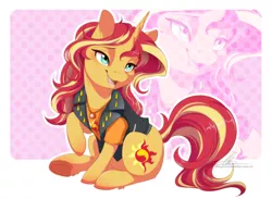Size: 1094x800 | Tagged: safe, artist:dvixie, banned from derpibooru, deleted from derpibooru, derpibooru import, sunset shimmer, pony, unicorn, equestria girls, equestria girls series, clothes, cute, equestria girls outfit, frog (hoof), geode of empathy, magical geodes, open mouth, raised hoof, shimmerbetes, sitting, solo, underhoof, zoom layer