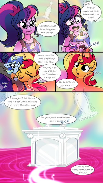 Size: 1080x1920 | Tagged: safe, artist:carouselunique, artist:little-tweenframes, banned from derpibooru, deleted from derpibooru, derpibooru import, sci-twi, sunset shimmer, twilight sparkle, oc, oc:sparkling sapphire, pony, unicorn, comic:portal sweet portal, series:sciset diary, equestria girls, clothes, collaboration, comic, dialogue, female, lesbian, magic mirror, magical lesbian spawn, offspring, parent:sci-twi, parent:sunset shimmer, parents:scitwishimmer, scitwishimmer, shipping, speech bubble, sunsetsparkle