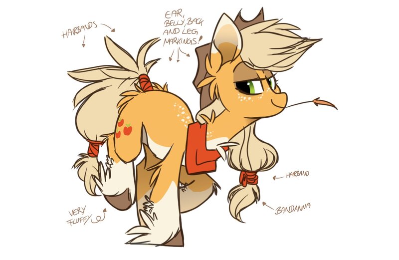 Size: 2048x1335 | Tagged: safe, artist:hiccupsdoesart, banned from derpibooru, deleted from derpibooru, derpibooru import, applejack, earth pony, pony, spoiler:g5, applejack (g5), bandana, chest fluff, coat markings, female, fluffy, freckles, g5, hairband, mare, markings, neckerchief, simple background, socks (coat marking), solo, straw in mouth, tail wrap, text, unshorn fetlocks, white background