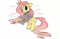 Size: 2048x1335 | Tagged: safe, artist:hiccupsdoesart, banned from derpibooru, deleted from derpibooru, derpibooru import, fluttershy, pony, unicorn, spoiler:g5, butt freckles, choker, chokershy, clothes, cute, female, floppy ears, fluttershy (g5), freckles, g5, hoodie, mare, one eye closed, shyabetes, side, simple background, smiling, sweater, text, unicorn fluttershy, white background
