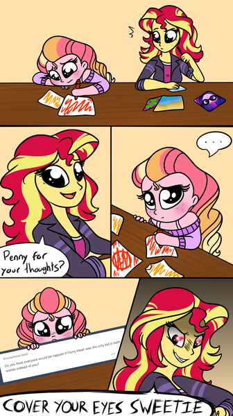 Size: 715x1275 | Tagged: safe, artist:carouselunique, artist:honeycrisp-tales, artist:little-tweenframes, banned from derpibooru, deleted from derpibooru, derpibooru import, sunset shimmer, oc, oc:honeycrisp blossom, equestria girls, collaboration, offspring, paintings, parent:big macintosh, parent:princess cadance, parents:cadmac, tumblr comic