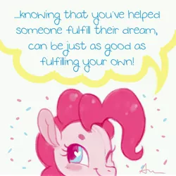 Size: 6300x6300 | Tagged: safe, artist:angstfish, banned from derpibooru, deleted from derpibooru, derpibooru import, pinkie pie, earth pony, pony, absurd resolution, blush sticker, blushing, dialogue, female, friendship lesson, heart eyes, mare, motivational, one eye closed, positive ponies, smiling, solo, wingding eyes, wink