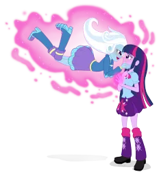 Size: 4096x4409 | Tagged: safe, artist:verumteednp, banned from derpibooru, deleted from derpibooru, derpibooru import, trixie, twilight sparkle, equestria girls, absurd resolution, blushing, boots, clothes, female, floating, high heel boots, hoodie, leg warmers, lesbian, looking at each other, magic, shipping, shoes, simple background, skirt, smiling, transparent background, twixie